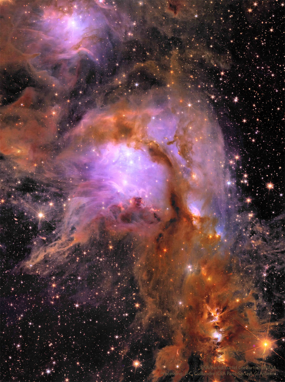 Na zdjęciu widoczne jest pole gwiazd, wypełnione ciemnym pyłem oraz jasnymi, purpurowymi mgławicami. 
Więcej szczegółowych informacji w opisie poniżej.