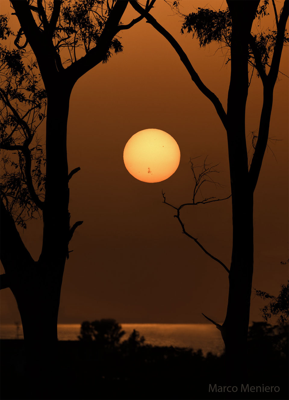 Na zdjęciu widoczne jest odległe Słońce nad wodą między drzewami na pierwszym planie.
W dolnej części tarczy słonecznej znajduje się olbrzymi obszar aktywny AR 3664, widoczny dzięki
jego ciemnym plamom słonecznym. Więcej szczegółowych informacji w opisie poniżej.