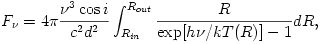 F_{\nu}=4\pi \frac{\nu^3 \cos i}{c^2 d^2}\int^{R_{out}}_{R_{in}}\frac{R}{\exp[h\nu/kT(R)]-1}dR,